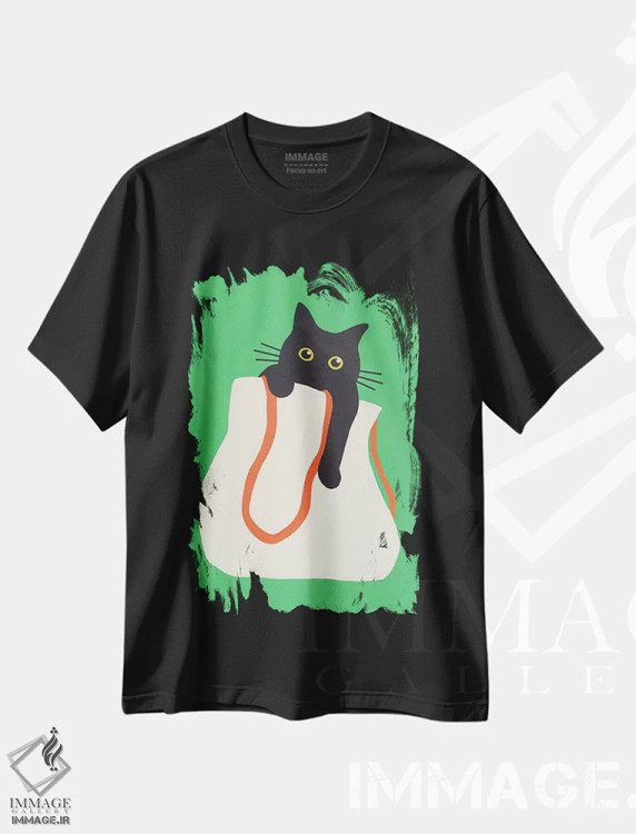 تیشرت مشکی طرح دار گربه در کیف، دکور معاصر اثر استودیو جن وانگ | فروشگاه ایماژ