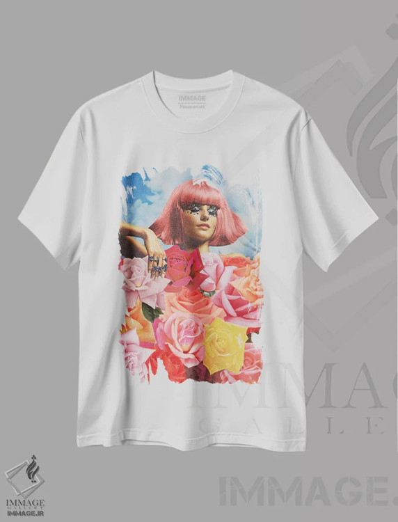 تیشرت سفید طرح دار بستر گل، هنر فاخر معاصر اثر جولیا والک | فروشگاه ایماژ