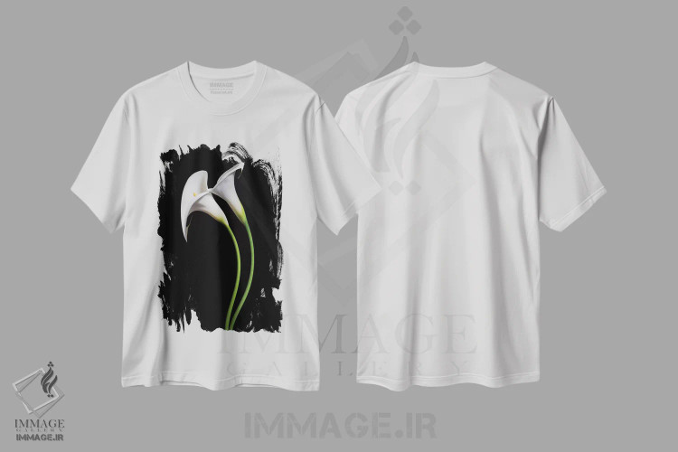 تیشرت سفید طرح دار آمریکا، کالیفرنیا. دو گل کالا لیلی، مدیوم اثر جینز گالری | فروشگاه ایماژ