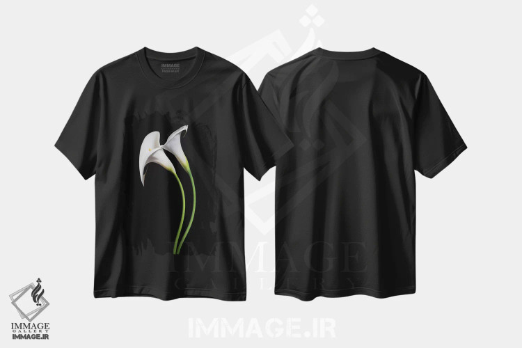 تیشرت مشکی طرح دار آمریکا، کالیفرنیا. دو گل کالا لیلی، مدیوم اثر جینز گالری | immage.ir