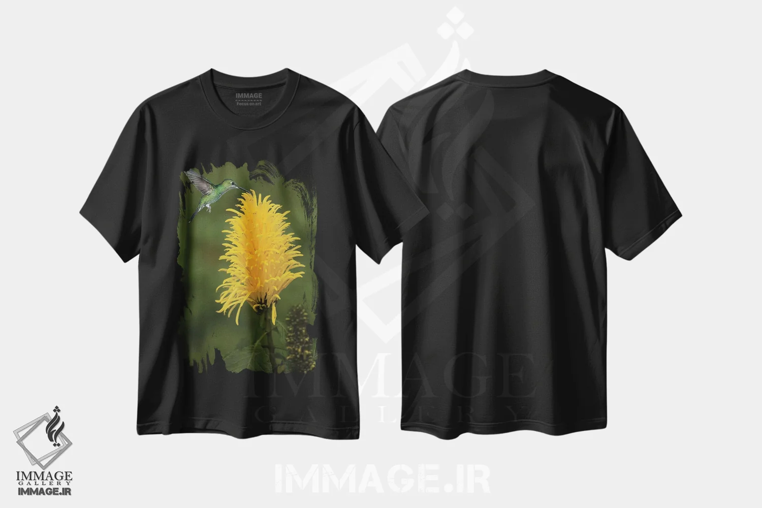 تیشرت مشکی طرح دار کارائیب، کاستاریکا. زنبورک سبز تاج دار در حال تغذیه، مدیوم اثر جینز گالری | immage.ir