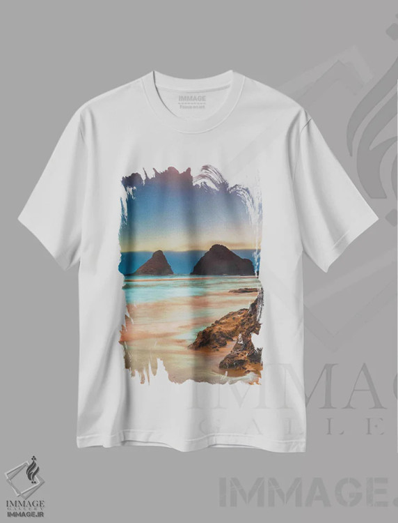 تیشرت سفید طرح دار آمریکا، اورگان، فلورنس. طلوع آفتاب بر ساحل هسیتا، مدیوم اثر جینز گالری | فروشگاه ایماژ