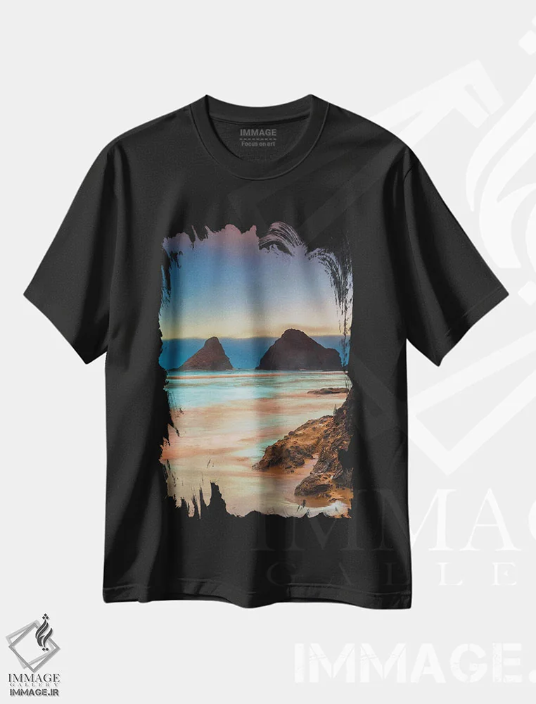 تیشرت مشکی طرح دار آمریکا، اورگان، فلورنس. طلوع آفتاب بر ساحل هسیتا، مدیوم اثر جینز گالری | immage.ir