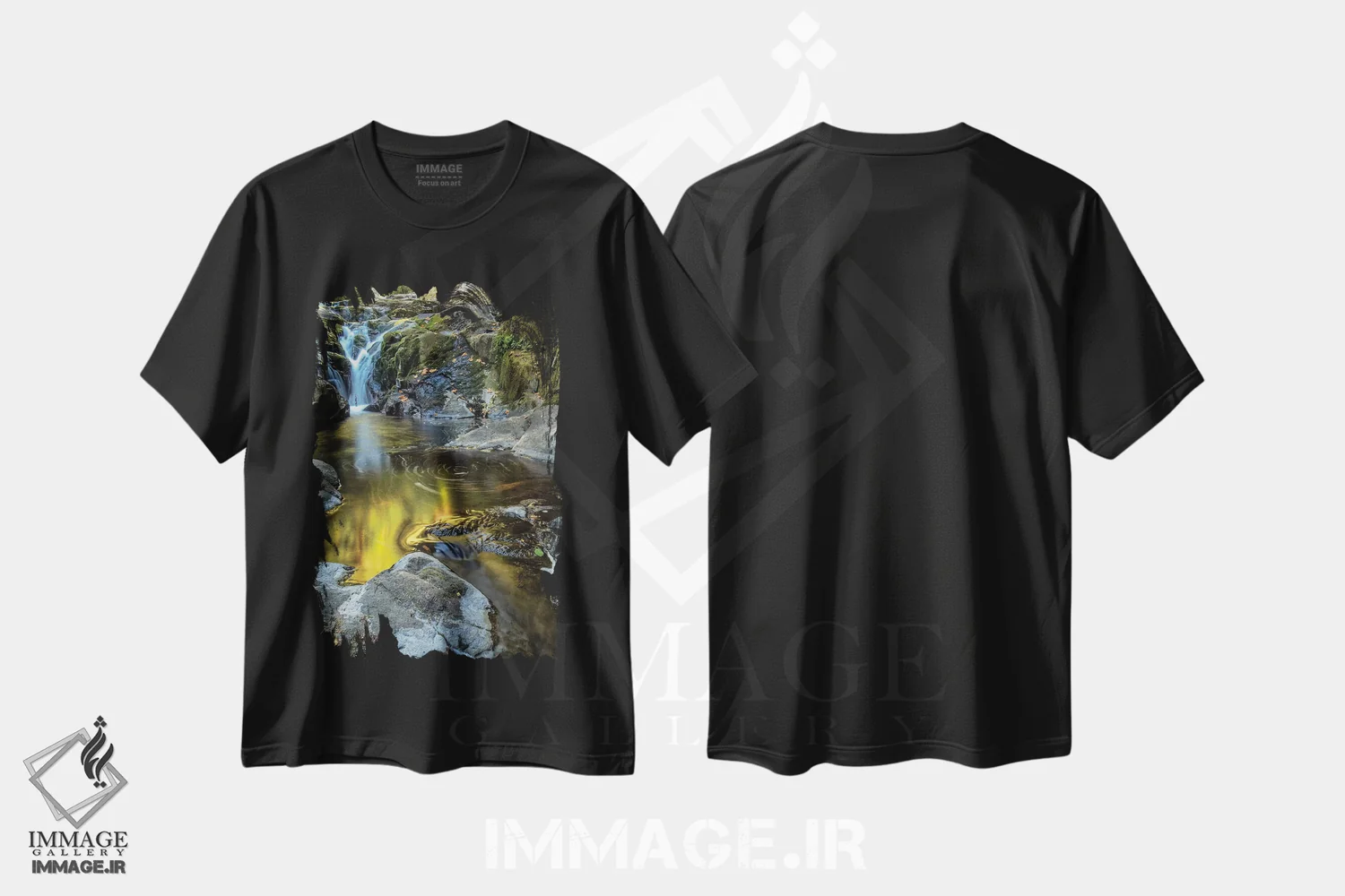 تیشرت مشکی طرح دار آمریکا، اورگان، فلورنس. آبشار در جویبار I، مدیوم اثر جینز گالری | فروشگاه ایماژ