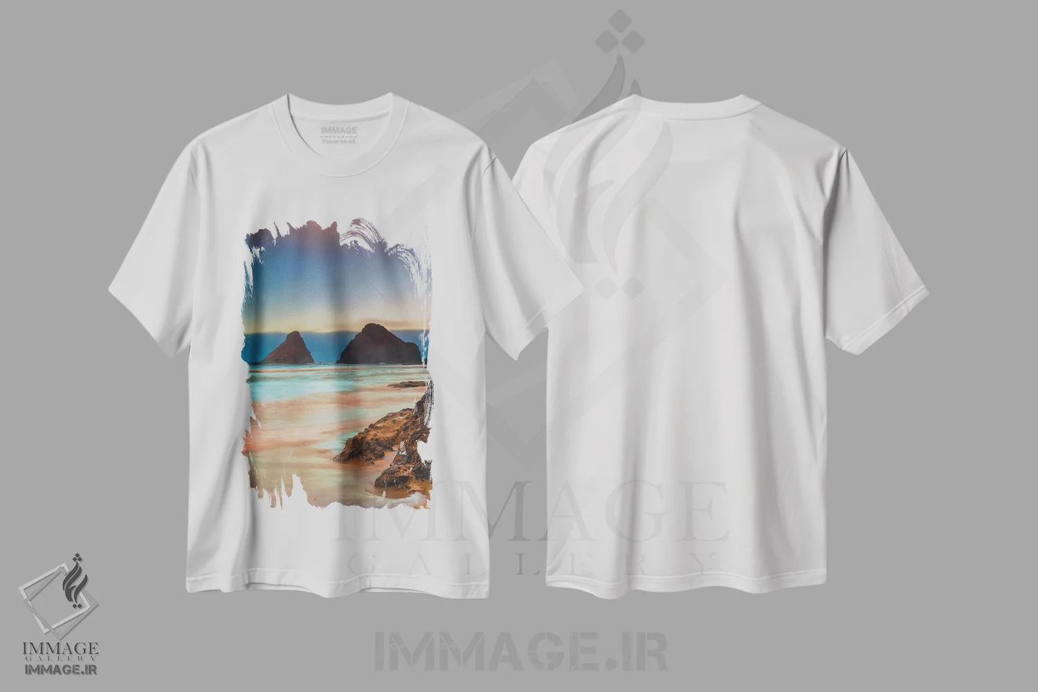 تیشرت سفید طرح دار آمریکا، اورگان، فلورنس. طلوع آفتاب بر ساحل هسیتا، مدیوم اثر جینز گالری | فروشگاه ایماژ