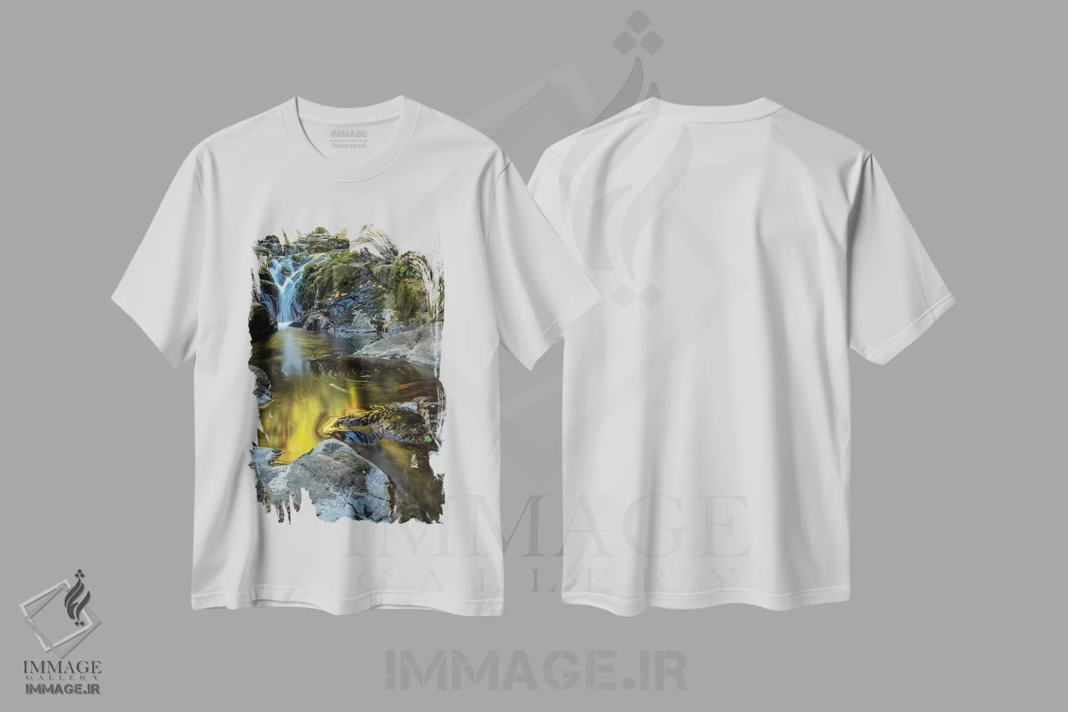 تیشرت سفید طرح دار آمریکا، اورگان، فلورنس. آبشار در جویبار I، مدیوم اثر جینز گالری | immage.ir
