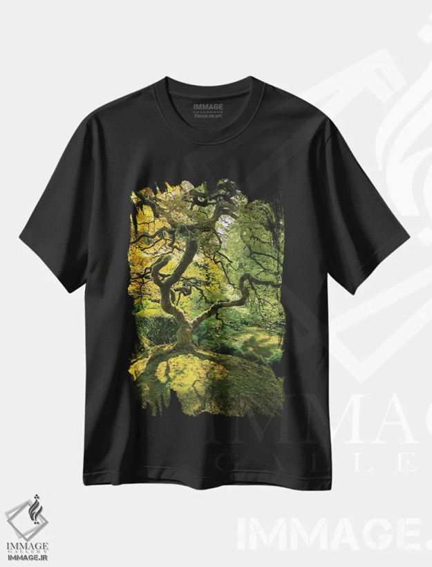 تیشرت مشکی طرح دار آمریکا، اورگان، پورتلند. درخت افرا دندانه ای ژاپنی، مدیوم اثر جینز گالری | فروشگاه ایماژ