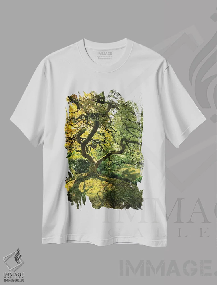 تیشرت سفید طرح دار آمریکا، اورگان، پورتلند. درخت افرا دندانه ای ژاپنی، مدیوم اثر جینز گالری | immage.ir