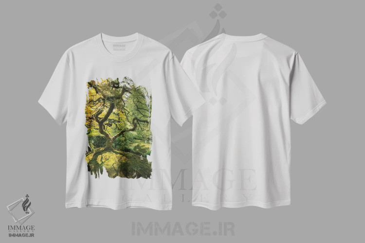 تیشرت سفید طرح دار آمریکا، اورگان، پورتلند. درخت افرا دندانه ای ژاپنی، مدیوم اثر جینز گالری | immage.ir
