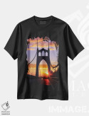 تیشرت مشکی طرح دار آمریکا، اورگان، پورتلند. پل سنت جانز هنگام طلوع آفتاب، مدیوم اثر جینز گالری | فروشگاه ایماژ