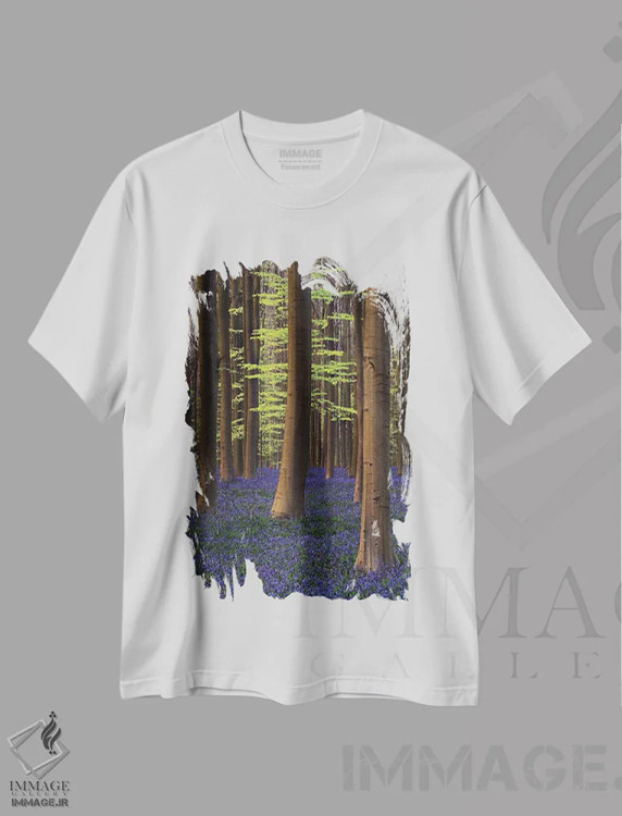 تیشرت سفید طرح دار بلژیک. جنگل هالر بوس با درختان و گل های بلو بل، مدیوم اثر جینز گالری | immage.ir