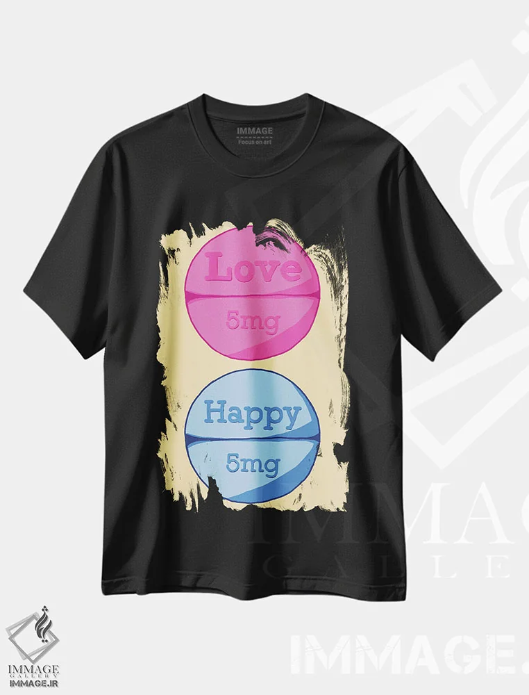 تیشرت مشکی طرح دار قرص خوشحالی زرد، هنر دیجیتال اثر جیمی متز | فروشگاه ایماژ