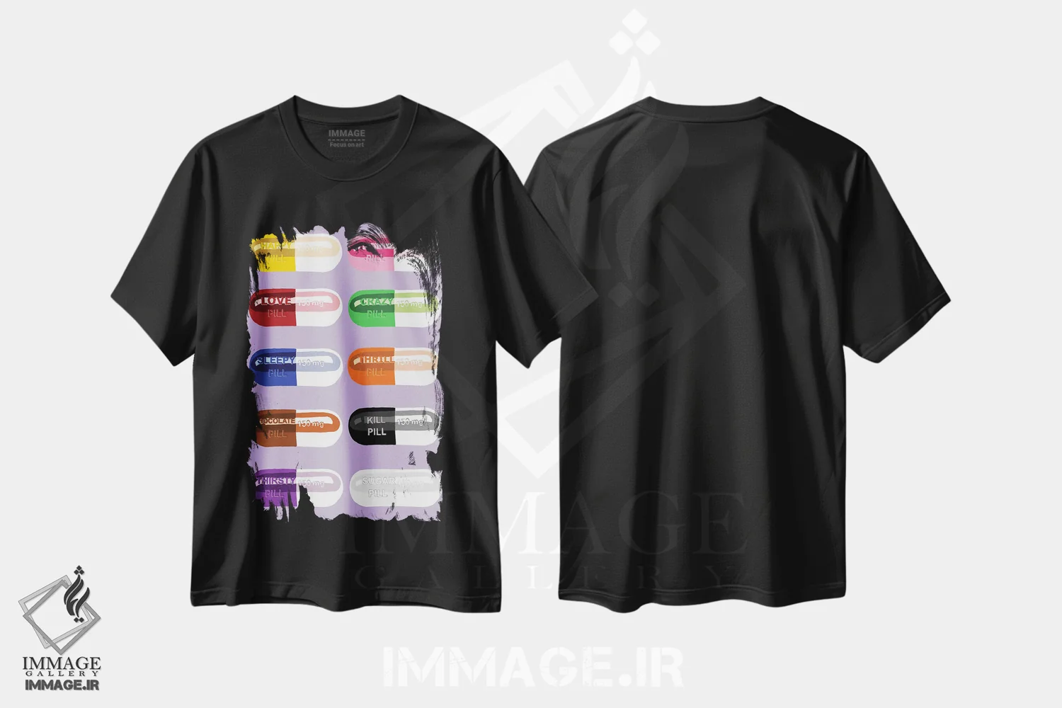 تیشرت مشکی طرح دار خوردنی قرص بنفش کمرنگ، هنر دیجیتال اثر جیمی متز | فروشگاه ایماژ