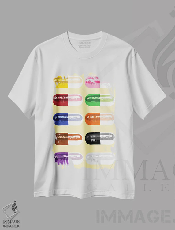 تیشرت سفید طرح دار خوردنی قرص زرد، هنر دیجیتال اثر جیمی متز | immage.ir