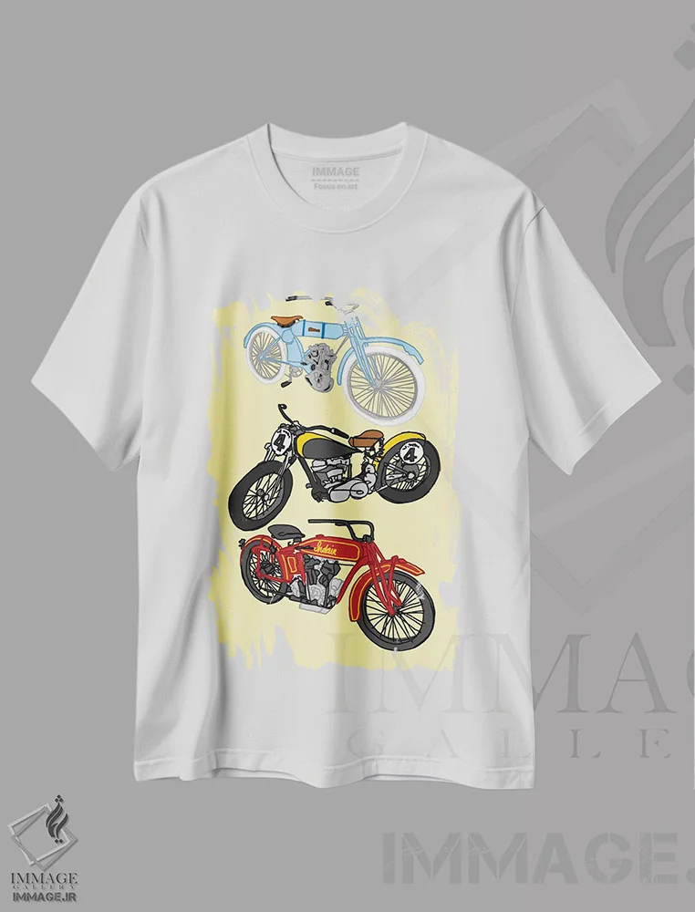 تیشرت سفید طرح دار سه موتور سیکلت قدیمی زرد، هنر فاخر معاصر اثر جیمی متز | فروشگاه ایماژ