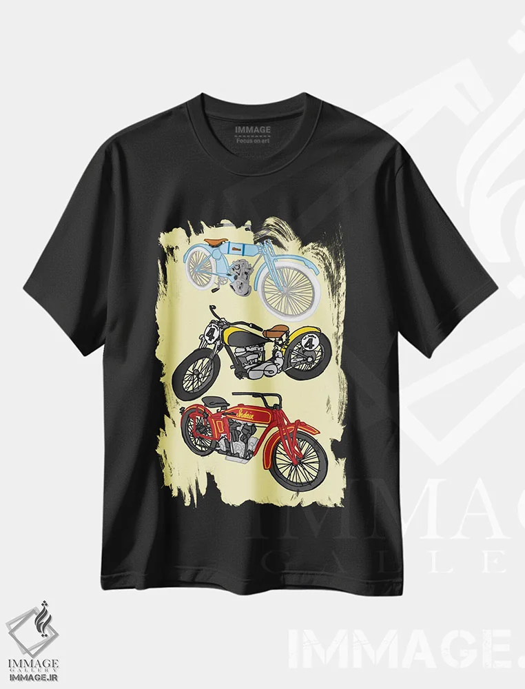 تیشرت مشکی طرح دار سه موتور سیکلت قدیمی زرد، هنر فاخر معاصر اثر جیمی متز | immage.ir