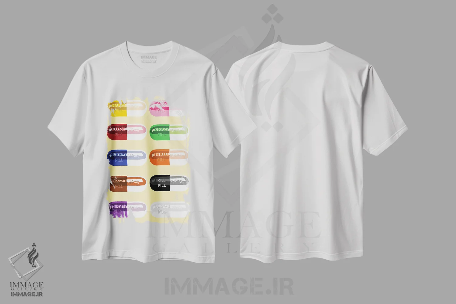تیشرت سفید طرح دار خوردنی قرص زرد، هنر دیجیتال اثر جیمی متز | immage.ir