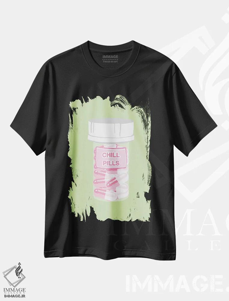 تیشرت مشکی طرح دار بطری قرص آرامش سبز نعناعی، هنر فاخر معاصر اثر جیمی متز | فروشگاه ایماژ