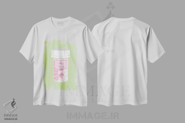 تیشرت سفید طرح دار بطری قرص آرامش سبز نعناعی، هنر فاخر معاصر اثر جیمی متز | immage.ir