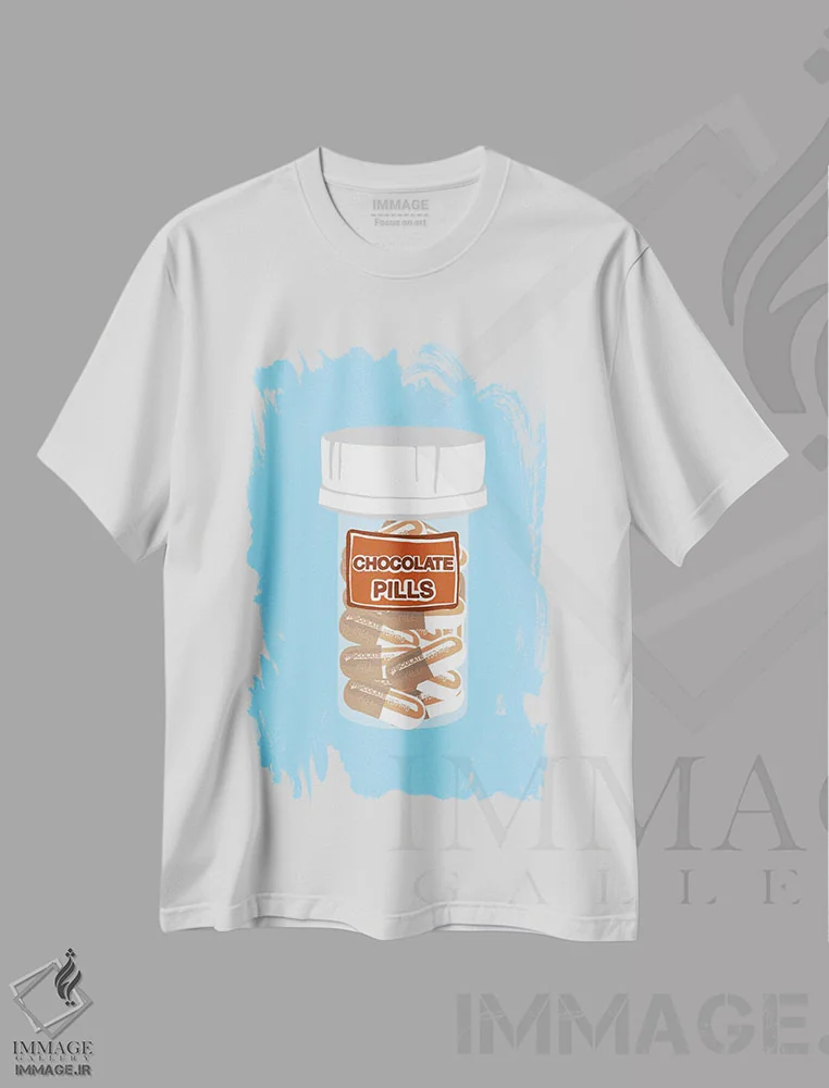 تیشرت سفید طرح دار بطری قرص شکلاتی آبی، هنر فاخر معاصر اثر جیمی متز | فروشگاه ایماژ