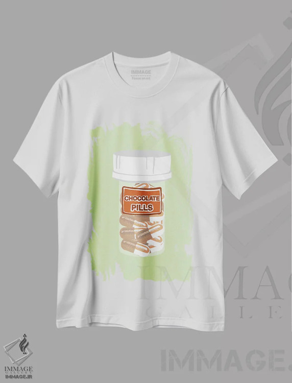 تیشرت سفید طرح دار بطری قرص شکلاتی سبز نعناعی، هنر فاخر معاصر اثر جیمی متز | فروشگاه ایماژ