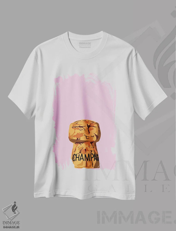 تیشرت سفید طرح دار چوب پنبهٔ شامپاین صورتی، هنر فاخر معاصر اثر جیمی متز | فروشگاه ایماژ