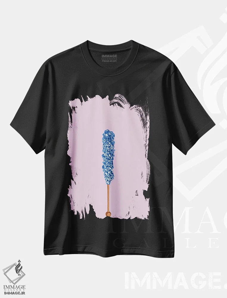 تیشرت مشکی طرح دار آبنبات صخره ای آبی و صورتی، هنر فاخر معاصر اثر جیمی متز | فروشگاه ایماژ