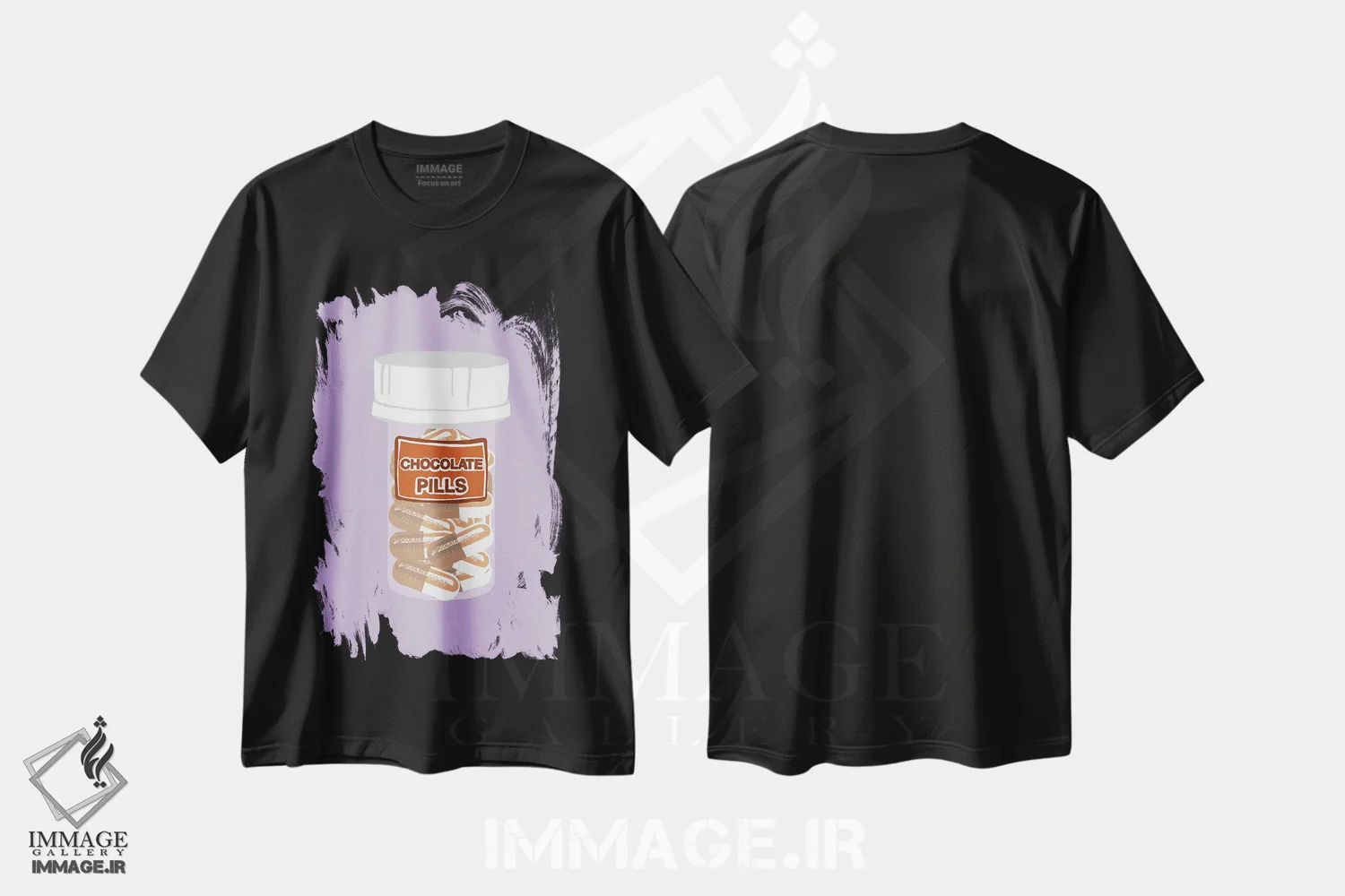 تیشرت مشکی طرح دار بطری قرص شکلاتی بنفش کمرنگ، هنر فاخر معاصر اثر جیمی متز | فروشگاه ایماژ