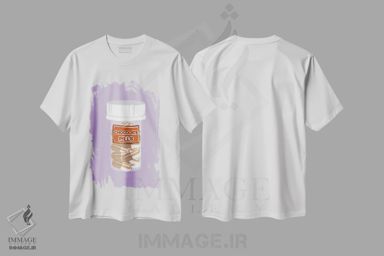 تیشرت سفید طرح دار بطری قرص شکلاتی بنفش کمرنگ، هنر فاخر معاصر اثر جیمی متز | immage.ir