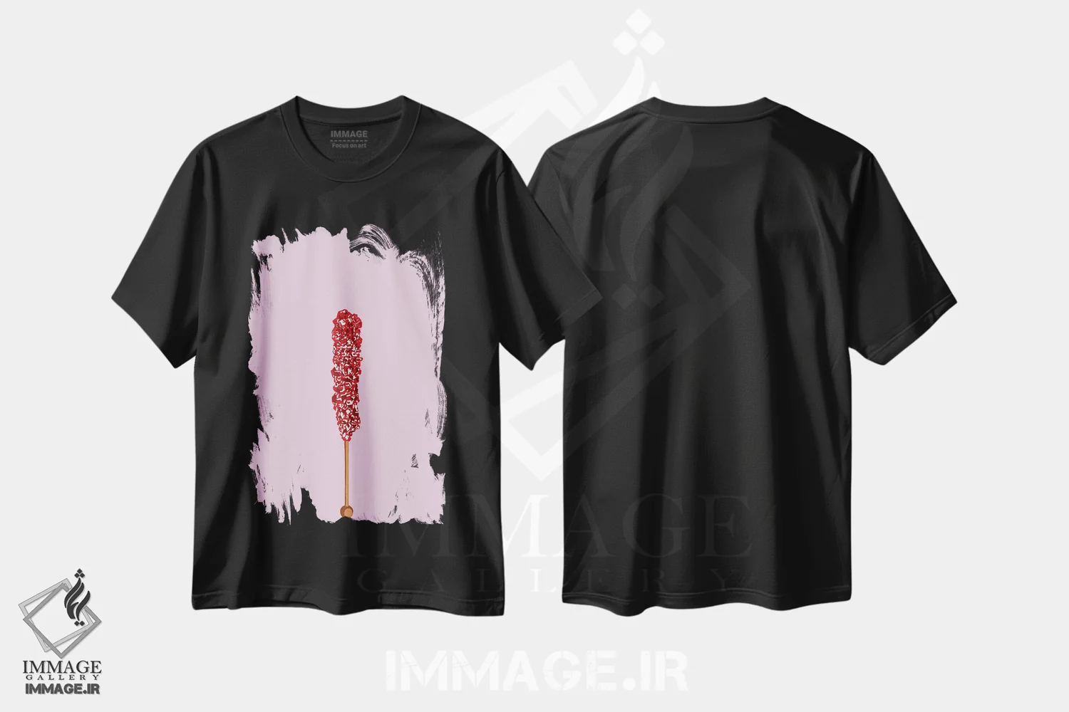 تیشرت مشکی طرح دار آبنبات صخره ای قرمز و صورتی، هنر فاخر معاصر اثر جیمی متز | immage.ir