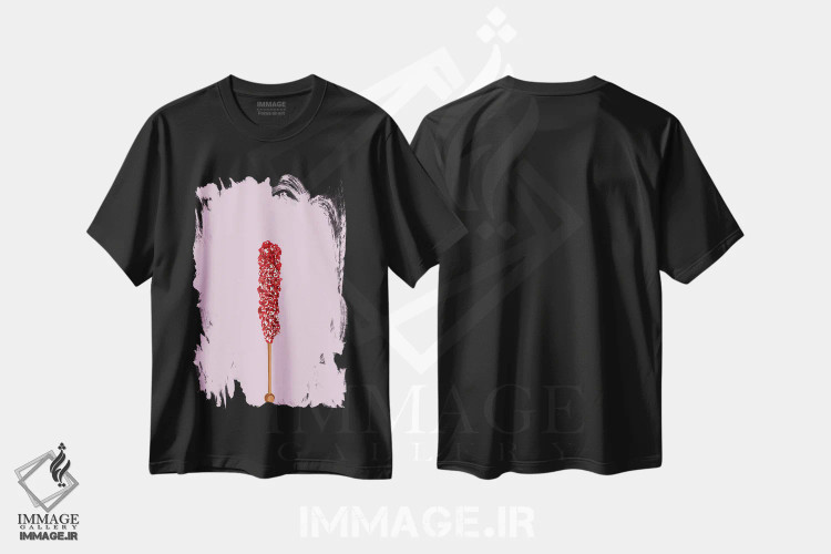 تیشرت مشکی طرح دار آبنبات صخره ای قرمز و صورتی، هنر فاخر معاصر اثر جیمی متز | immage.ir