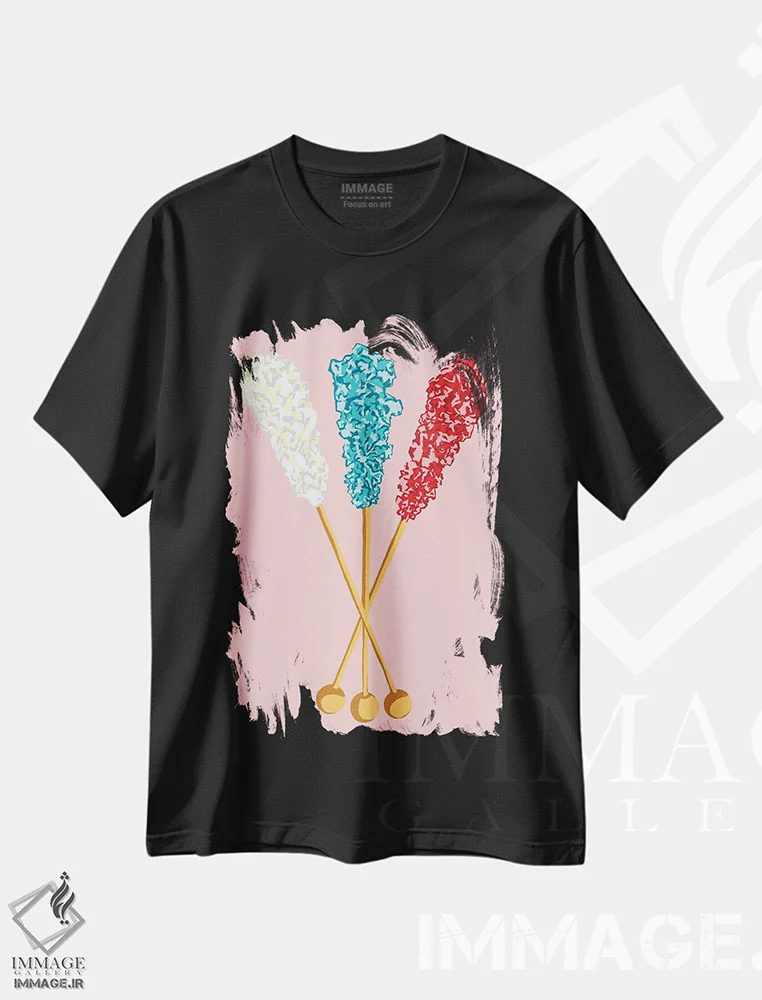 تیشرت مشکی طرح دار آبنبات صخره ای سفید و سبزآبی و قرمز و صورتی، هنر فاخر معاصر اثر جیمی متز | فروشگاه ایماژ