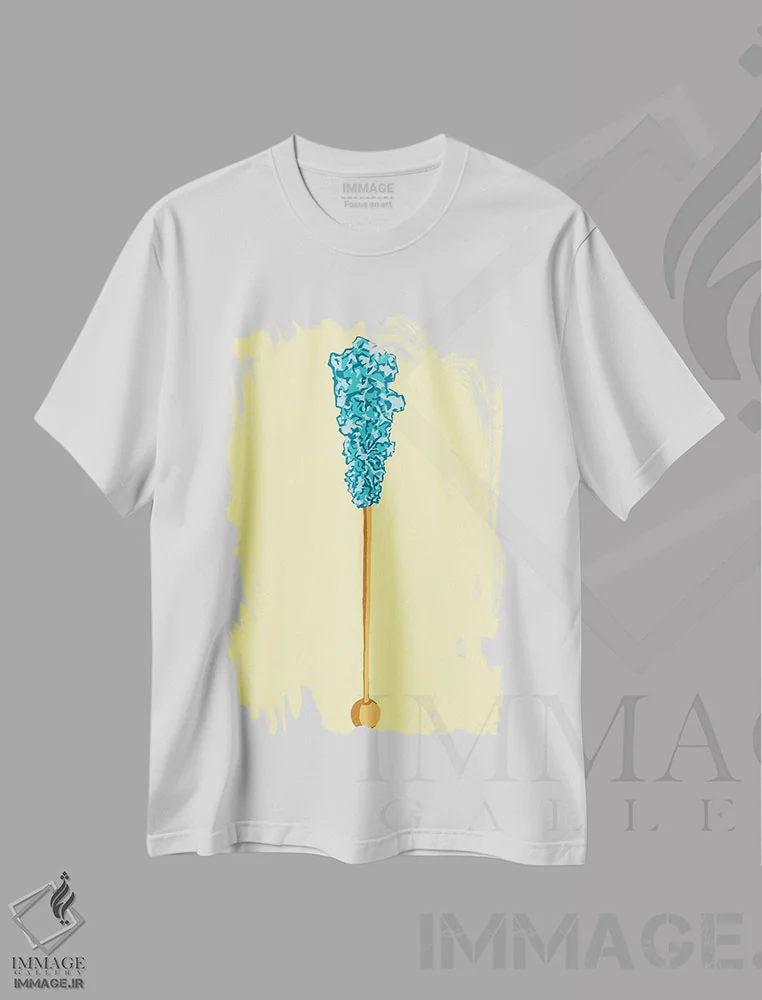 تیشرت سفید طرح دار آبنبات صخره ای سبزآبی و زرد، هنر فاخر معاصر اثر جیمی متز | immage.ir