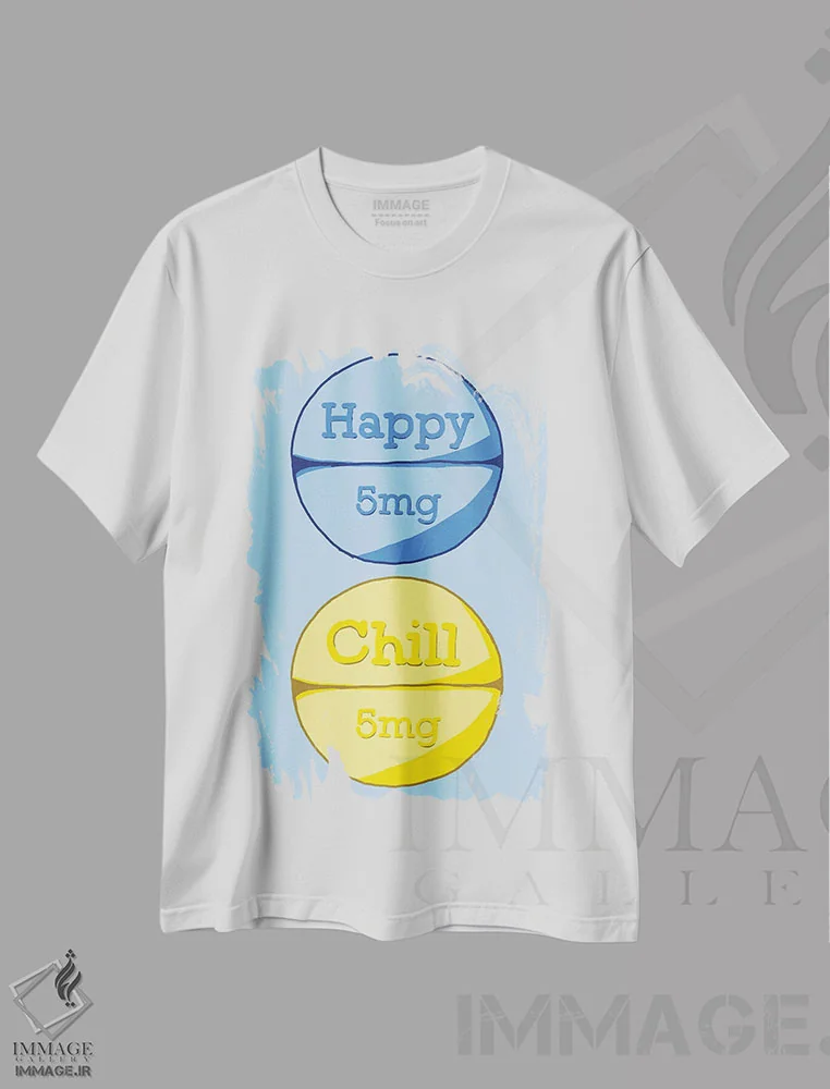 تیشرت سفید طرح دار قرص آرام بخش شاد آبی، هنر دیجیتال اثر جیمی متز | فروشگاه ایماژ
