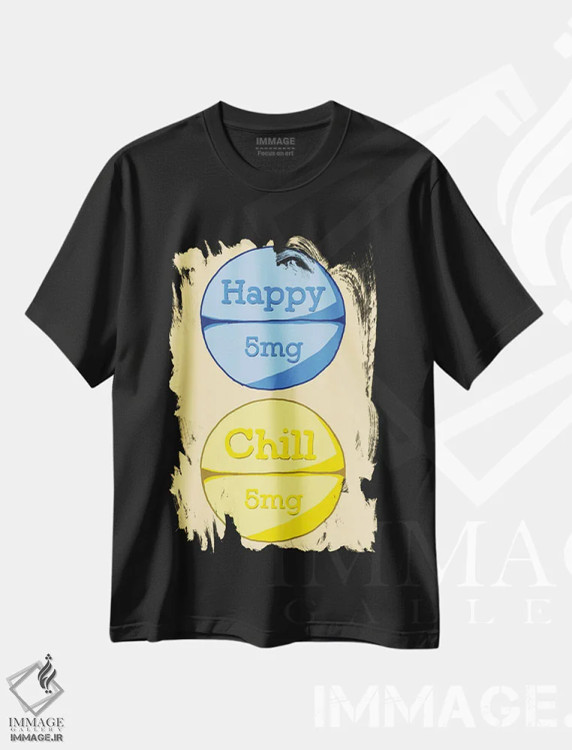تیشرت مشکی طرح دار قرص آرام بخش شاد زرد، هنر دیجیتال اثر جیمی متز | فروشگاه ایماژ