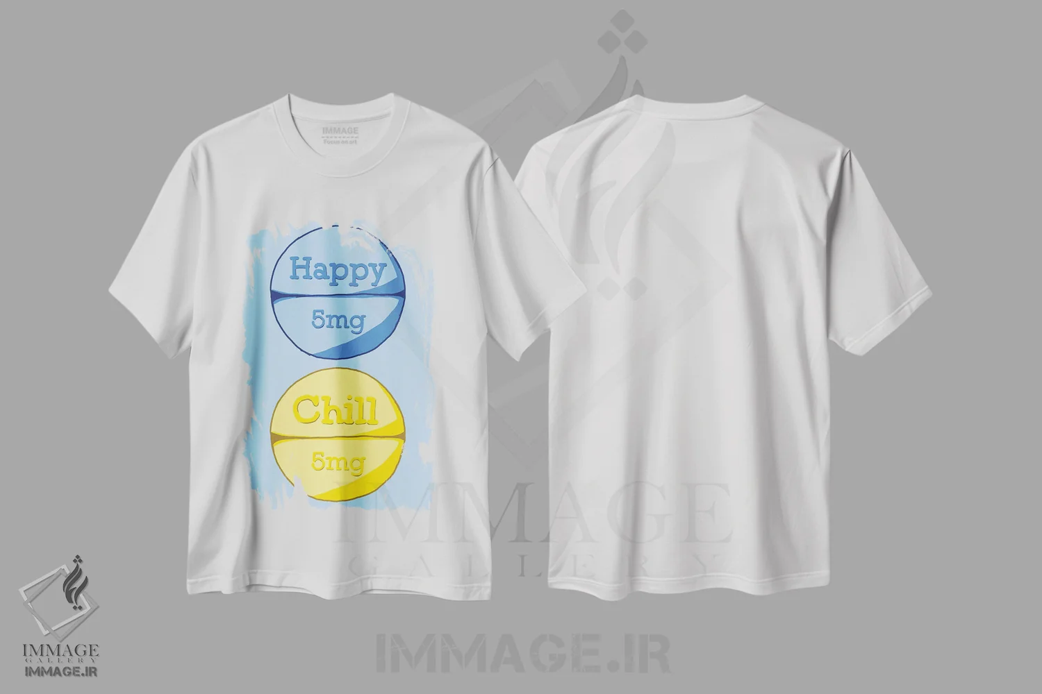 تیشرت سفید طرح دار قرص آرام بخش شاد آبی، هنر دیجیتال اثر جیمی متز | فروشگاه ایماژ