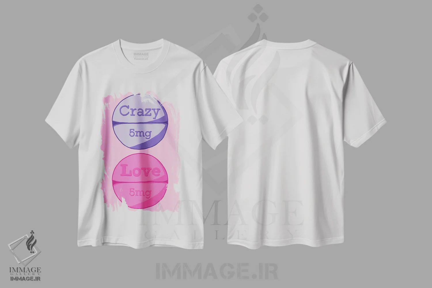تیشرت سفید طرح دار قرص عشق دیوانه صورتی، هنر دیجیتال اثر جیمی متز | immage.ir