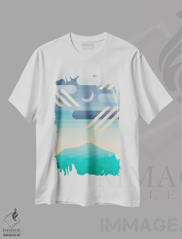 تیشرت سفید طرح دار ماه بر فراز قله ها، آبستره اثر جون یونگجین | فروشگاه ایماژ