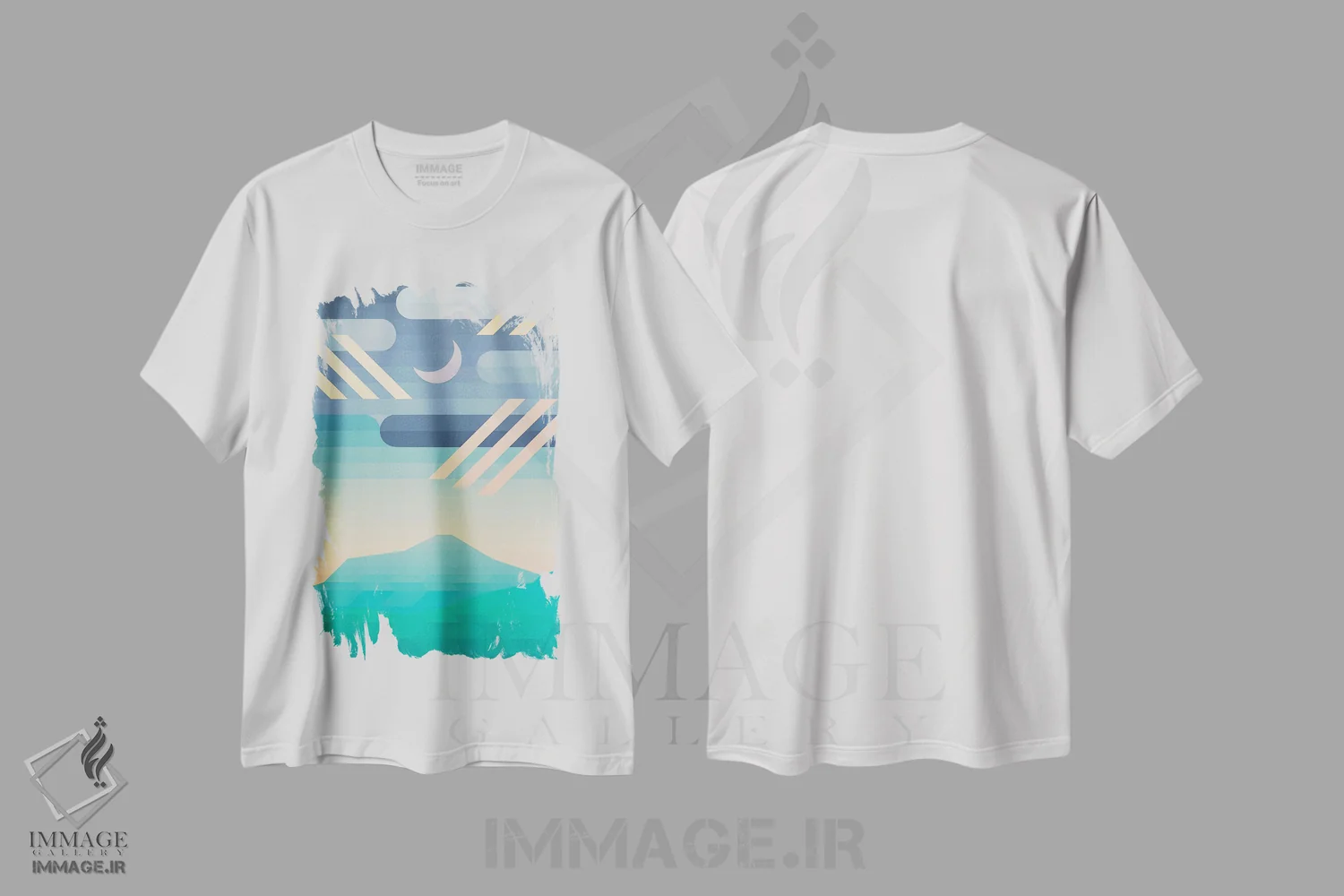 تیشرت سفید طرح دار ماه بر فراز قله ها، آبستره اثر جون یونگجین | فروشگاه ایماژ