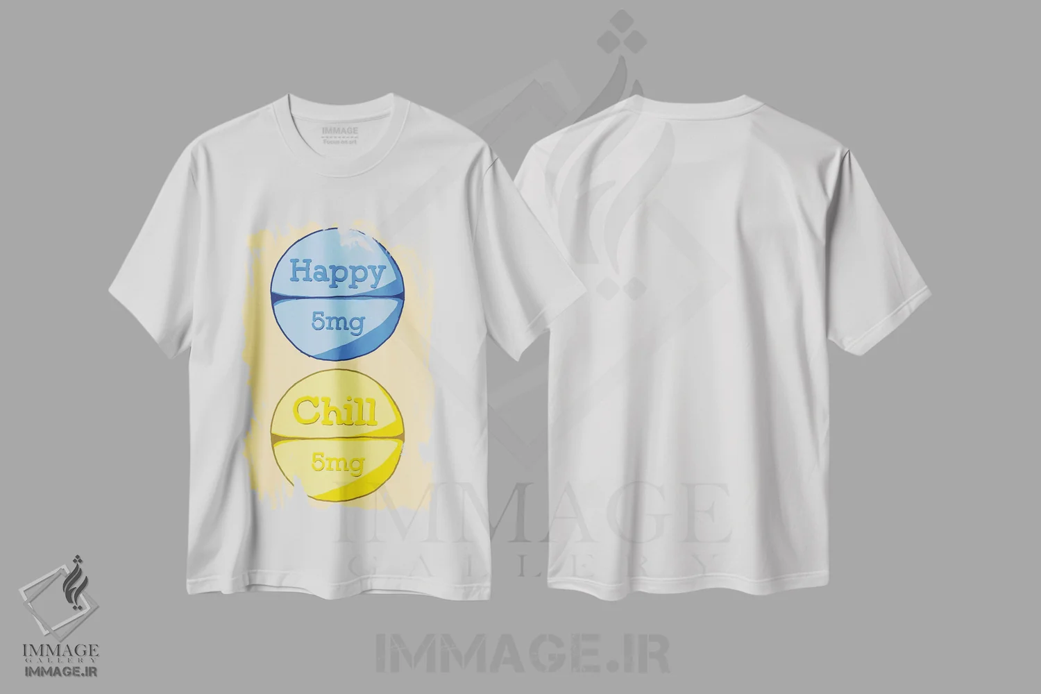 تیشرت سفید طرح دار قرص آرام بخش شاد زرد، هنر دیجیتال اثر جیمی متز | immage.ir