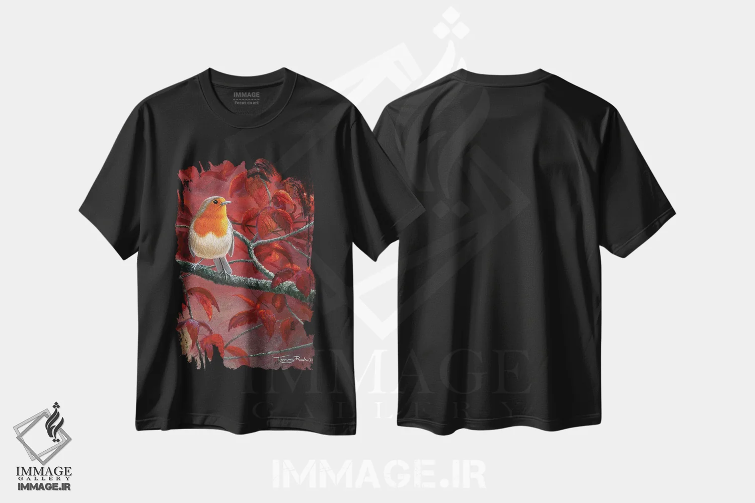 تیشرت مشکی طرح دار برگ های قرمز، دکور کلبه و لژ اثر جرمی پاول | immage.ir