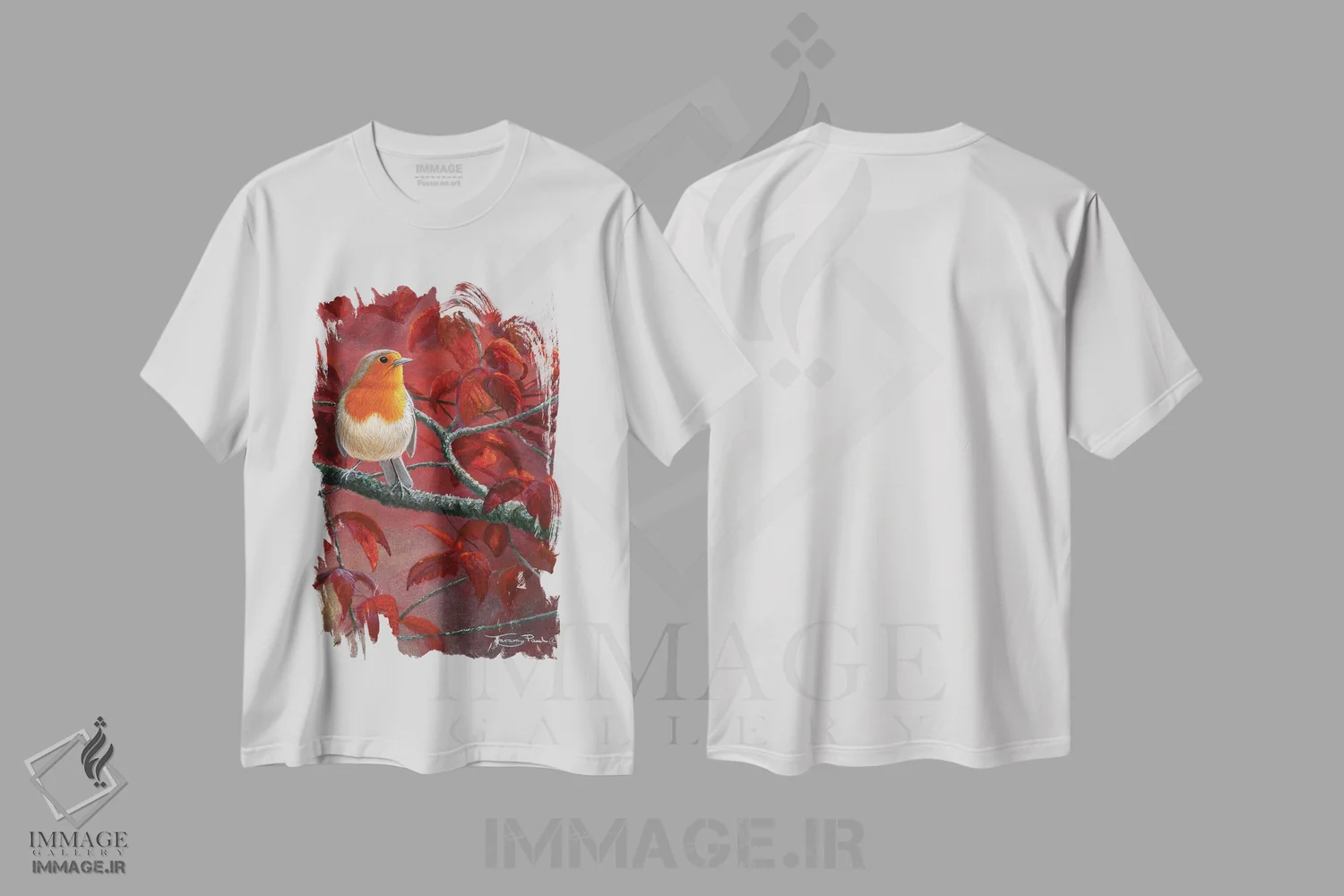تیشرت سفید طرح دار برگ های قرمز، دکور کلبه و لژ اثر جرمی پاول | فروشگاه ایماژ