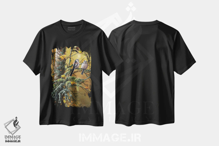 تیشرت مشکی طرح دار چرخ ریسک دم دراز و گلسنگ ها، دکور کلبه و لژ اثر جرمی پاول | فروشگاه ایماژ
