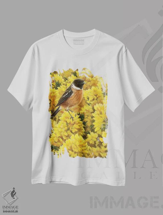 تیشرت سفید طرح دار سنگ چرخ و خار زرد، دکور روستایی اثر جرمی پاول | فروشگاه ایماژ