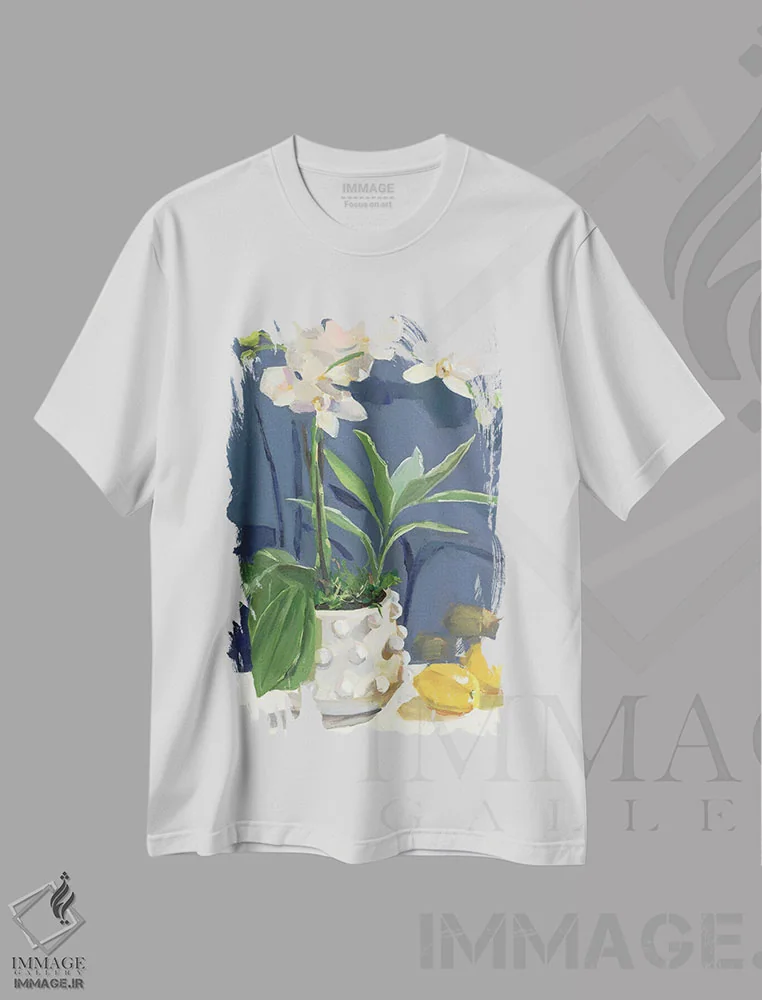 تیشرت سفید طرح دار ارکیده ها و لیموها، دکور معاصر اثر جنی وستنهوفر | فروشگاه ایماژ