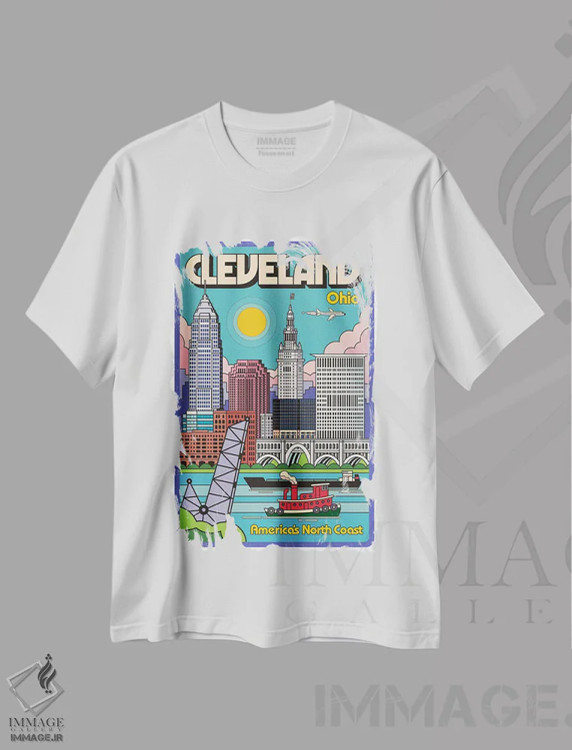 تیشرت سفید طرح دار پوستر سفر پاپ آرت کلیولند، هنر دیجیتال اثر جیم زانیسر | فروشگاه ایماژ