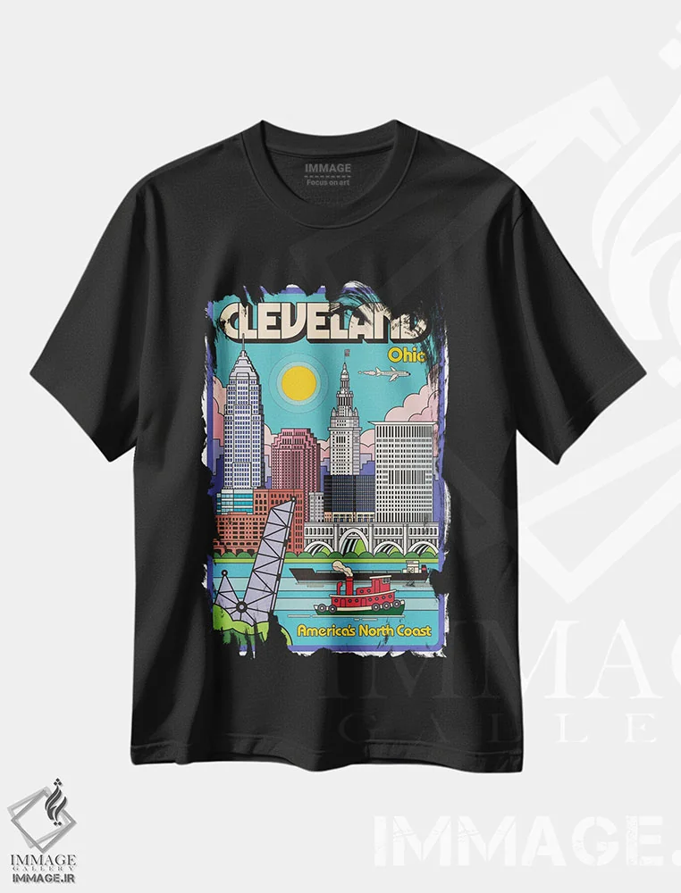 تیشرت مشکی طرح دار پوستر سفر پاپ آرت کلیولند، هنر دیجیتال اثر جیم زانیسر | immage.ir
