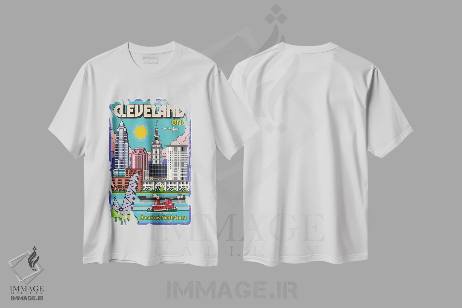 تیشرت سفید طرح دار پوستر سفر پاپ آرت کلیولند، هنر دیجیتال اثر جیم زانیسر | فروشگاه ایماژ