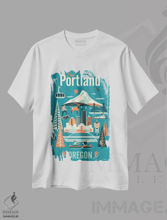 تیشرت سفید طرح دار پوستر سفر پورتلند، هنر دیجیتال اثر جیم زانیسر | فروشگاه ایماژ