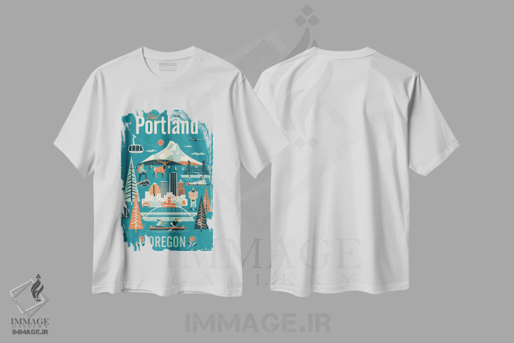 تیشرت سفید طرح دار پوستر سفر پورتلند، هنر دیجیتال اثر جیم زانیسر | فروشگاه ایماژ